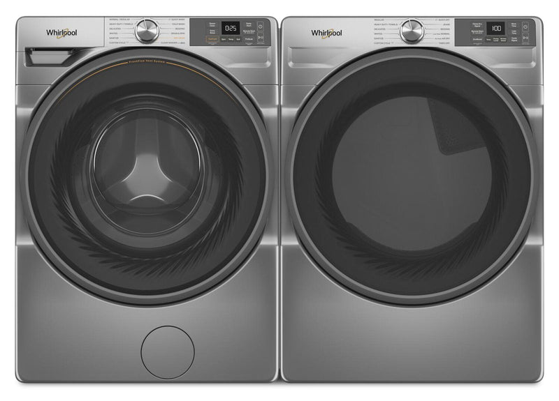 Whirlpool 5.2 Cu. Ft. Smart Front-Load Washer and 7.4 Cu. Ft. Gas Dryer - Radiant Silver | Laveuse intelligente à chargement frontal de 5,2 pi³, sécheuse à gaz de 7,4 pi³ de Whirlpool - argenté radieux | WHFL57RG