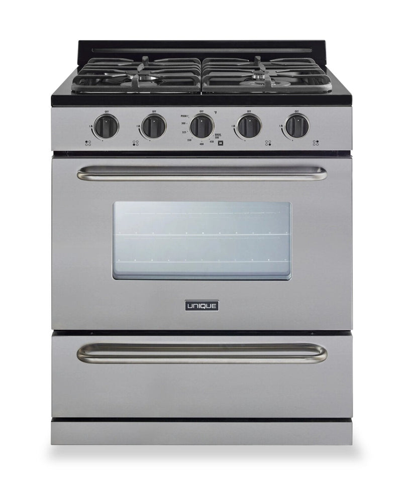 Classic Off-Grid by Unique 30" 3.9 Cu. Ft. Propane Range with Battery Ignition - UGP-30G OF2 S/S  | Cuisinière au gaz propane hors réseau classique Unique de 30 po et de 3,9 pi3 avec allumage à pile - UGP-30G OF2 S/S  | UGP30GSS