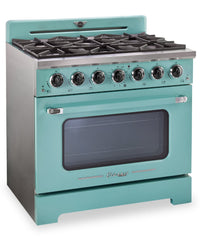 Classic Retro by Unique 36" 5.2 Cu. Ft. 6-Burner Gas Range with Convection - Ocean Mist Turquoise - UGP-36CR T | Cuisinière à gaz Classic Rétro par Unique de 36 po et de 5,2 pi3 à 6 brûleurs avec convection - turquoise brume marine - UGP-36CR T | UGP36CRT