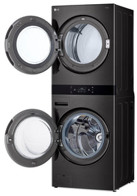 LG 5.8 Washer/7.4 Dryer Cu. Ft. Front-Load High-Efficiency Steam Washtower™ - Black Steel - WKEX300H… | Tour de lavage WashTowerMC à la vapeur haute efficacité LG à chargement frontal avec laveuse de 5,8 …