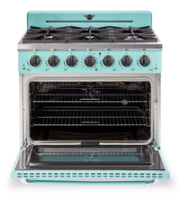 Classic Retro by Unique 36" 5.2 Cu. Ft. 6-Burner Gas Range with Convection - Ocean Mist Turquoise - UGP-36CR T | Cuisinière à gaz Classic Rétro par Unique de 36 po et de 5,2 pi3 à 6 brûleurs avec convection - turquoise brume marine - UGP-36CR T | UGP36CRT