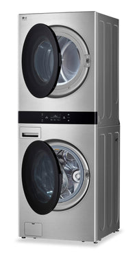 LG Studio 5.8 Washer/7.4 Dryer Cu. Ft. Front-Load High-Efficiency Steam Washtower™ - Nobel Steel - S… | Tour de lavage WashTowerMC à la vapeur haute efficacité LG Studio à chargement frontal avec laveuse …