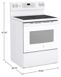 GE 5 Cu. Ft. Electric Range with No-Preheat Air Fry and 4 Burners - White - JCB830DVWW | Cuisinière électrique GE de 5 pi³ avec friture à air sans préchauffage et 4 brûleurs - blanche - JCB830DVWW | JCB830VW