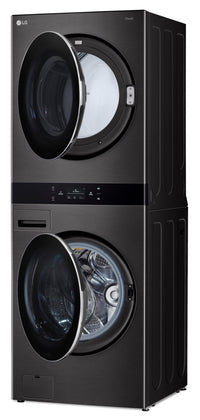 LG 5.8 Washer/7.4 Dryer Cu. Ft. Front-Load High-Efficiency Steam Washtower™ - Black Steel - WKEX300H… | Tour de lavage WashTowerMC à la vapeur haute efficacité LG à chargement frontal avec laveuse de 5,8 …