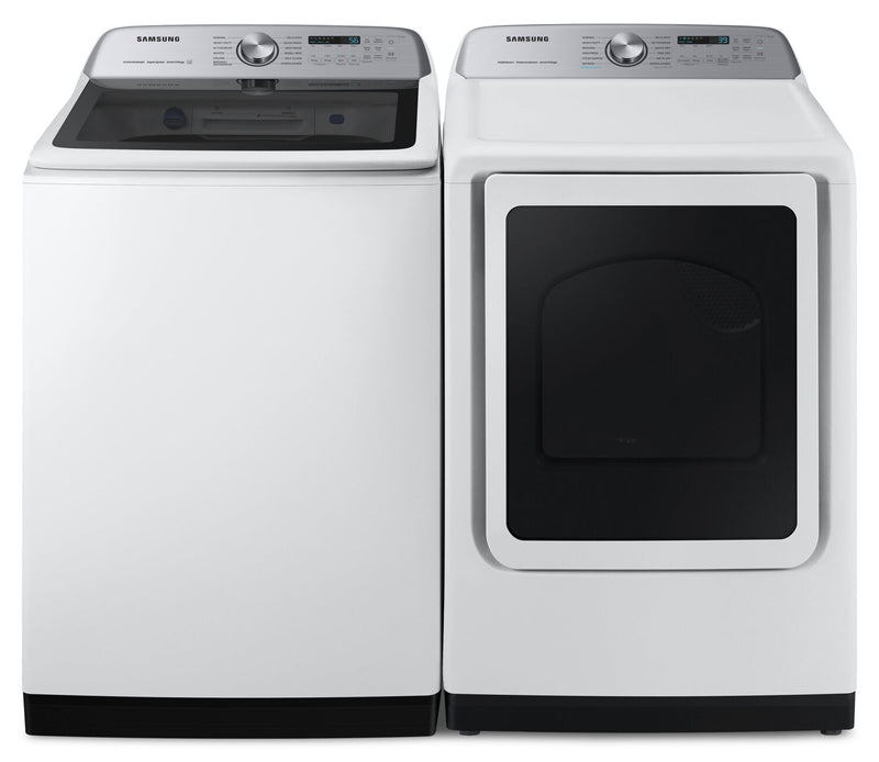 Samsung 6 Cu. Ft. Top-Load Washer and 7.4 Cu. Ft. Electric Dryer with Steam - White | Laveuse à chargement par le haut de 6 pi3 et sécheuse électrique de 7,4 pi3 avec vapeur de Samsung - blanches | SATL5500